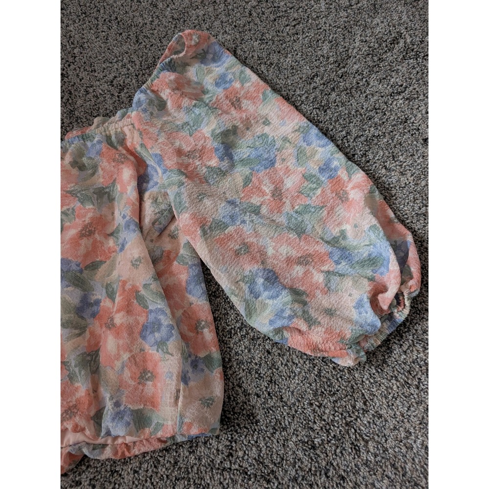 Lush Pink Blue Floral Off the Shoulder Balloon Sleeve Blouse Medium - Picture 3 of 4